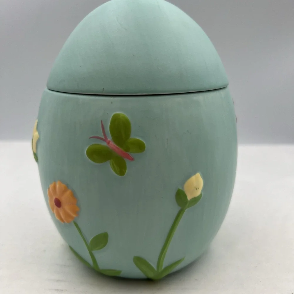 2010 Jelly Bean Candy Ceramic Blue Egg Carrot‎ Bunny Jar w Lid Easter
